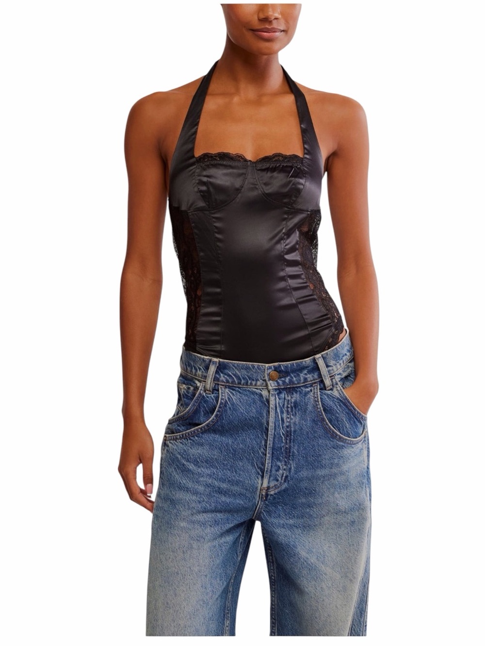 Free People Midnight Muse Lace Halter Bodysuit